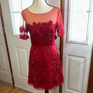 BNWT Marchesa Notte Red Embroidered Mesh Dress